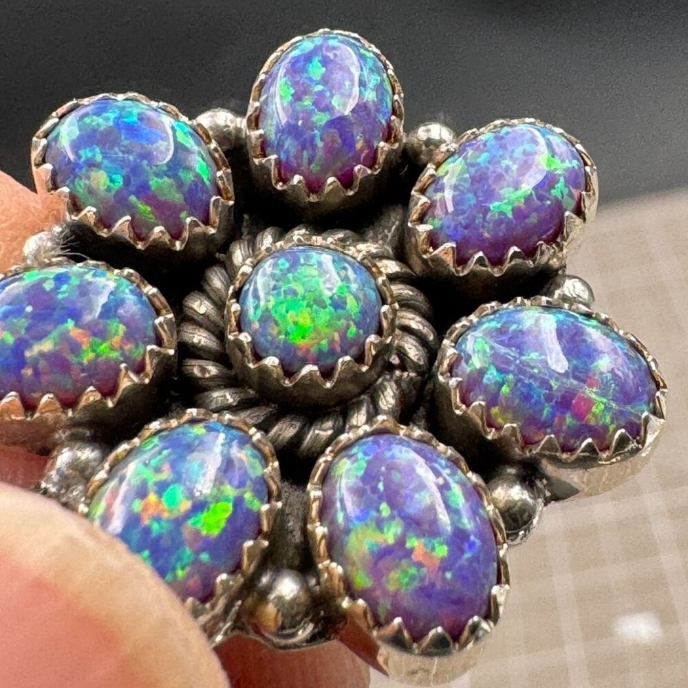 Lab Created Opal Iridescent Triple Floral Multi Stone Sterling Dangle Earrings - Picture 10 of 11